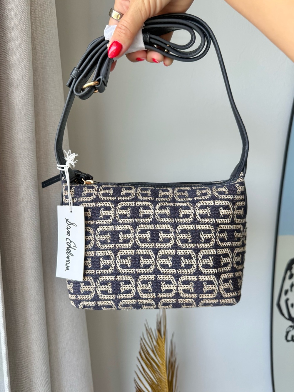 SAM EDLEMAN Elaina Crossbody Bag Navy Monogram Print